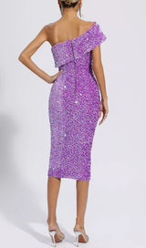 SEQUIN STRAPLESS MIDI DRESS IN PURPLE