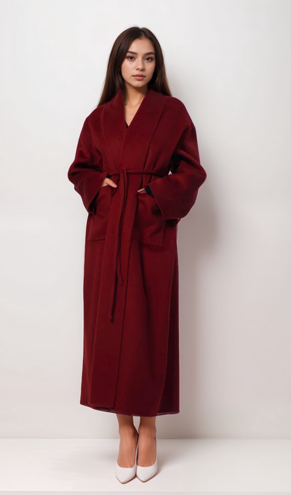 Luxurious Deep Red Belted Wool Coat with Oversized Fit