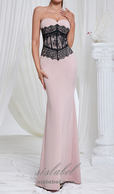 Strapless black Lace Corset Maxi Dress in pink