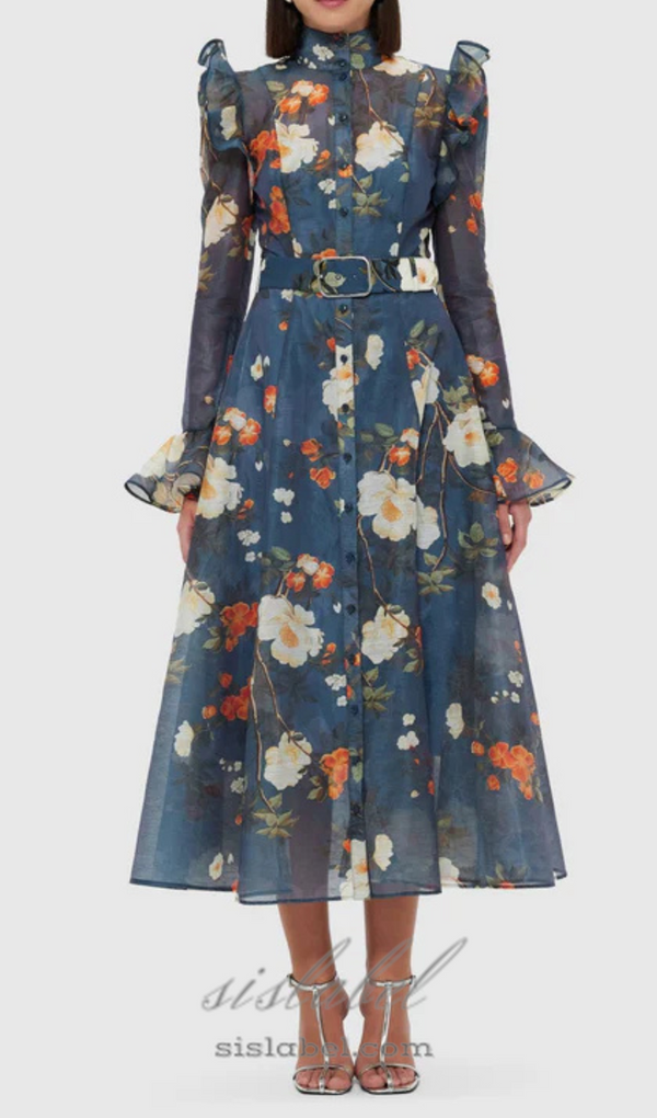 Pear Blossom Print Butterfly Sleeve Midi Dress