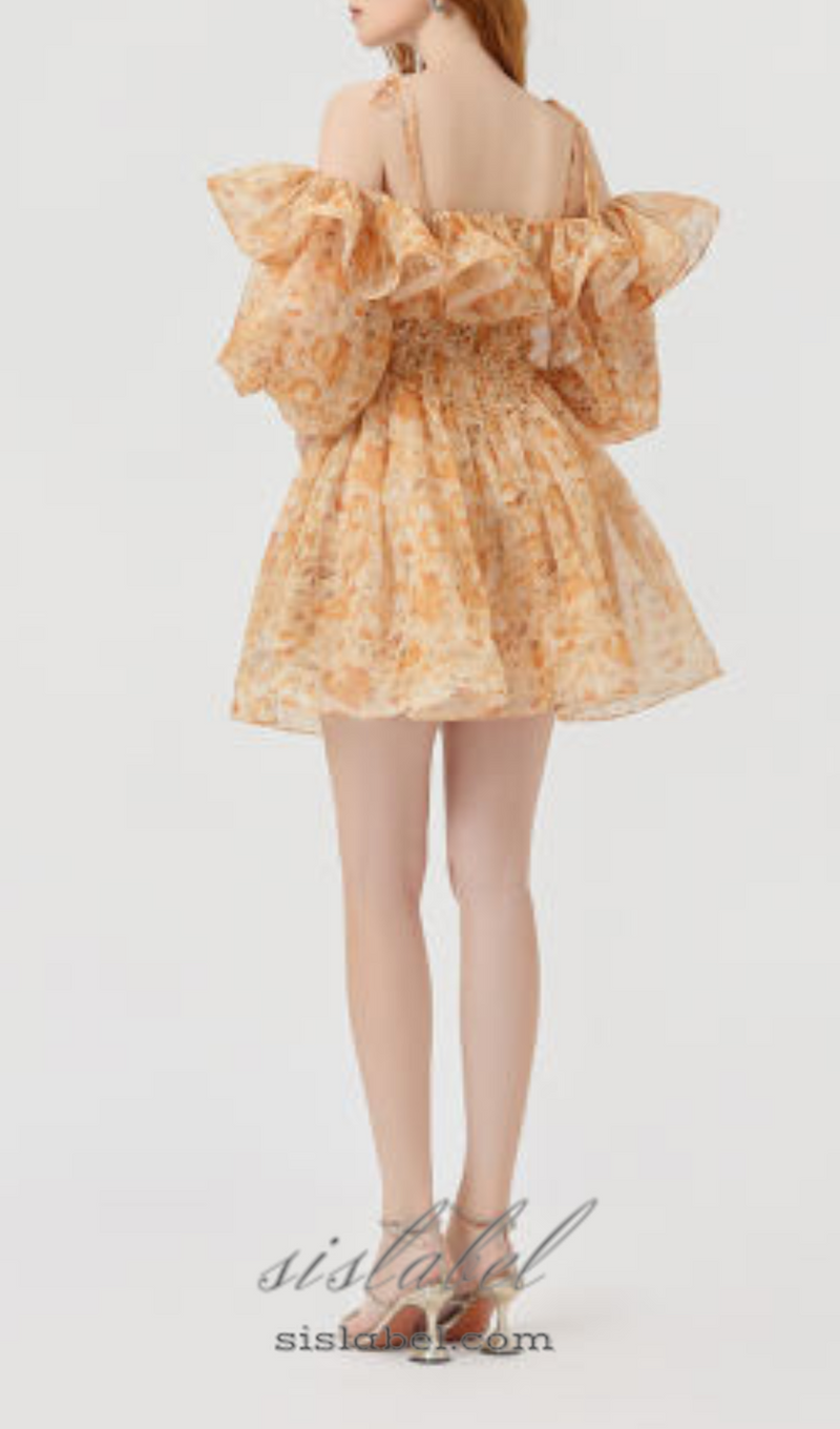 ANNA PRINTED RUFFLE TRIM MINI DRESS IN ORANGE