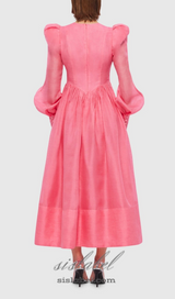 DELIA PINK LANTERN SLEEVE ROUND NECK MIDI DRESS