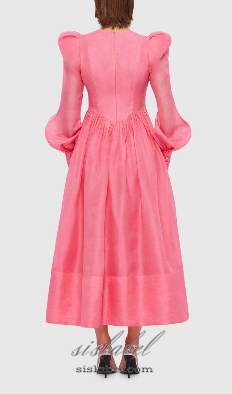 DELIA PINK LANTERN SLEEVE ROUND NECK MIDI DRESS