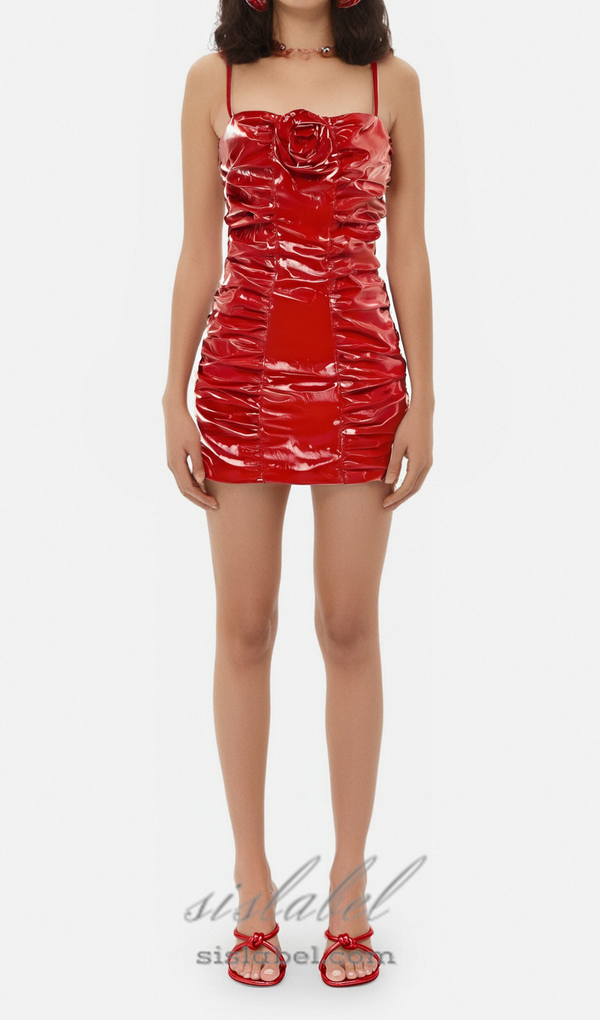 Shiny Pleated 3D Flower mini Dress in red