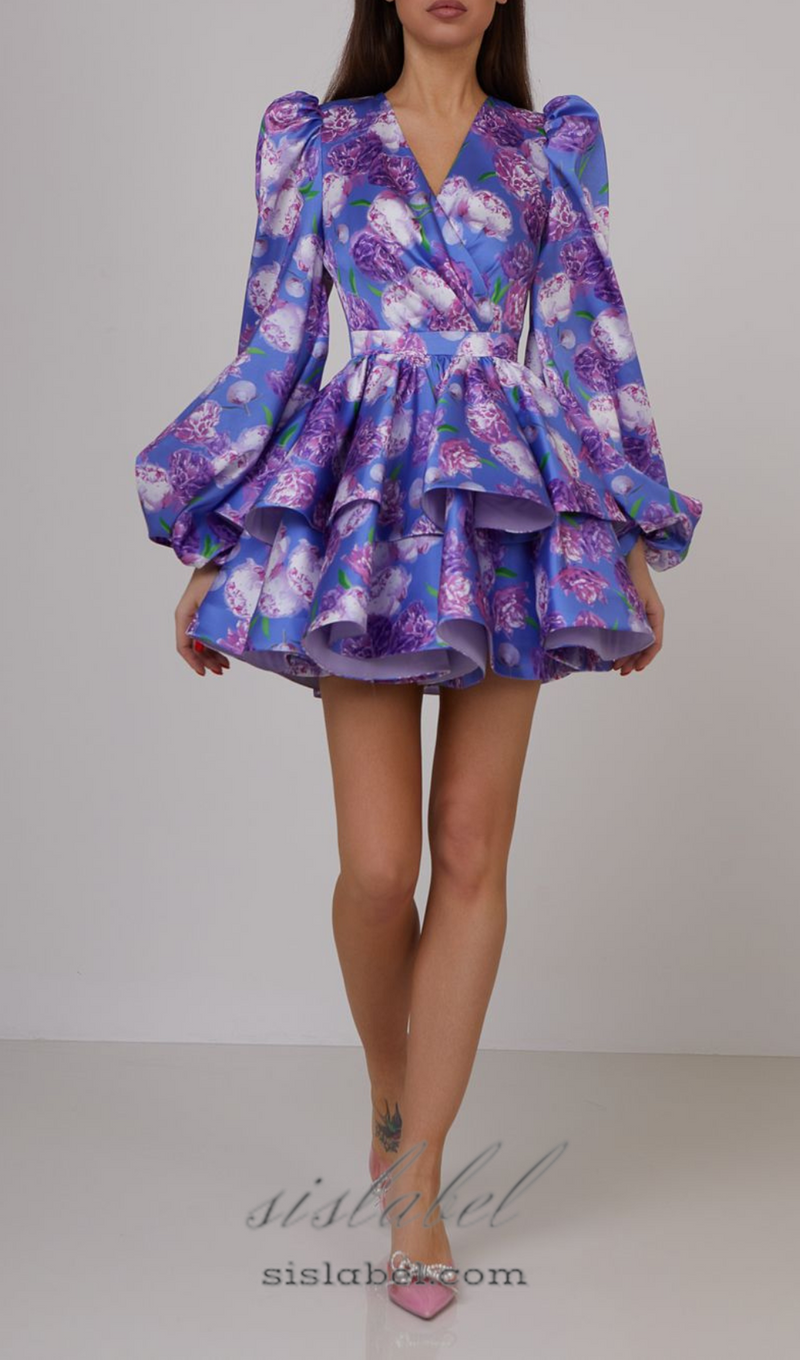 ARABELA BLUE FLORAL SATIN RUFFLE MINI DRESS