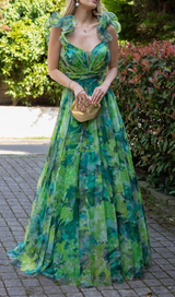 NATIVIDAD FLORAL PRINT TULLE A-LINE GREEN MAXI DRESS