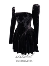 Yolanda Black Velvet Long Sleeve Mini Dress with Lace Trim