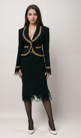 Black Tweed Blazer and Skirt Set with Gold Trim and Feather Detailing