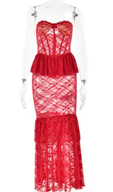 RED STRAPLESS LACE MERMAID DRESS