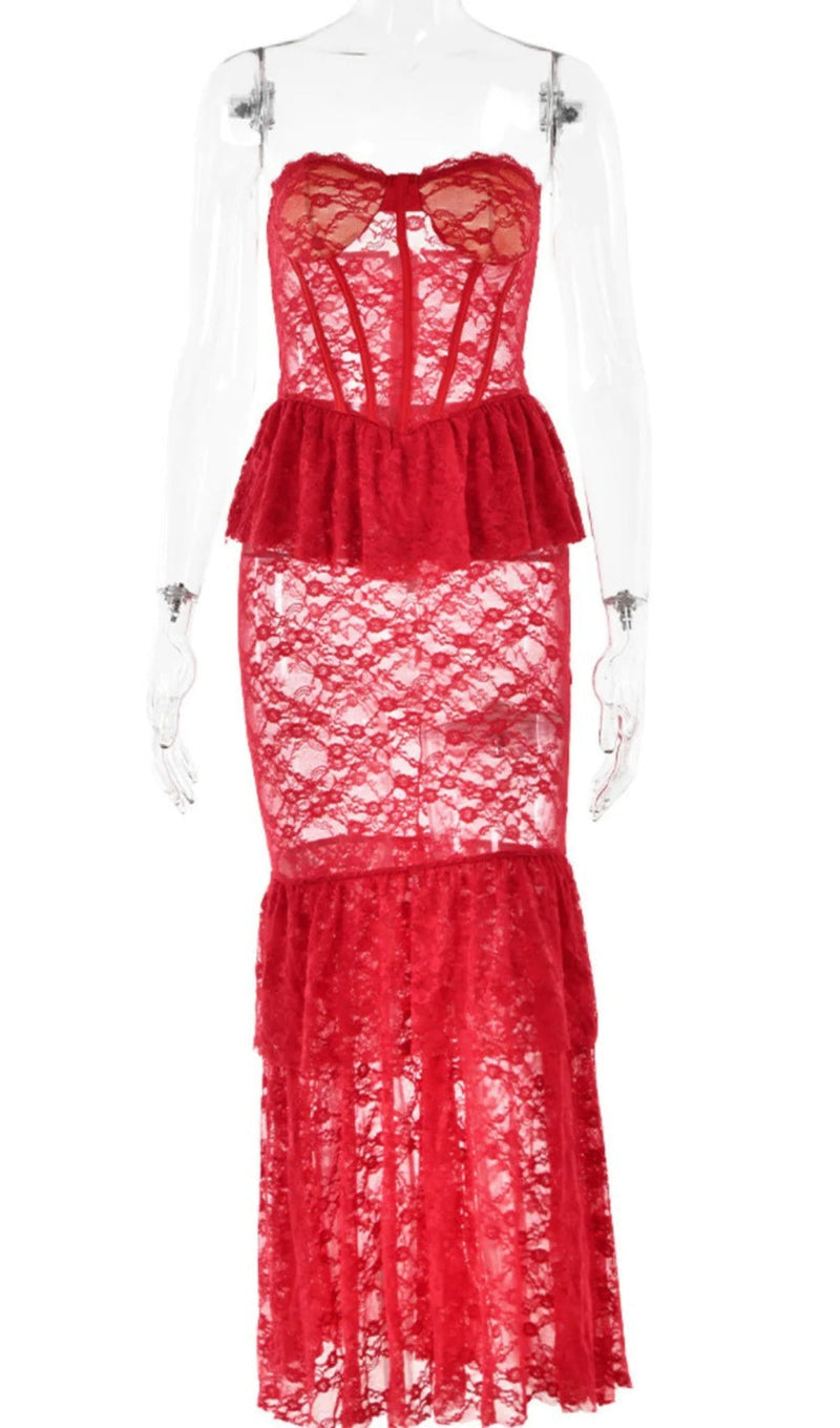 RED STRAPLESS LACE MERMAID DRESS