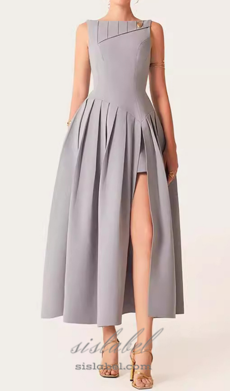 sleeveless pleated slit midi dress in gray