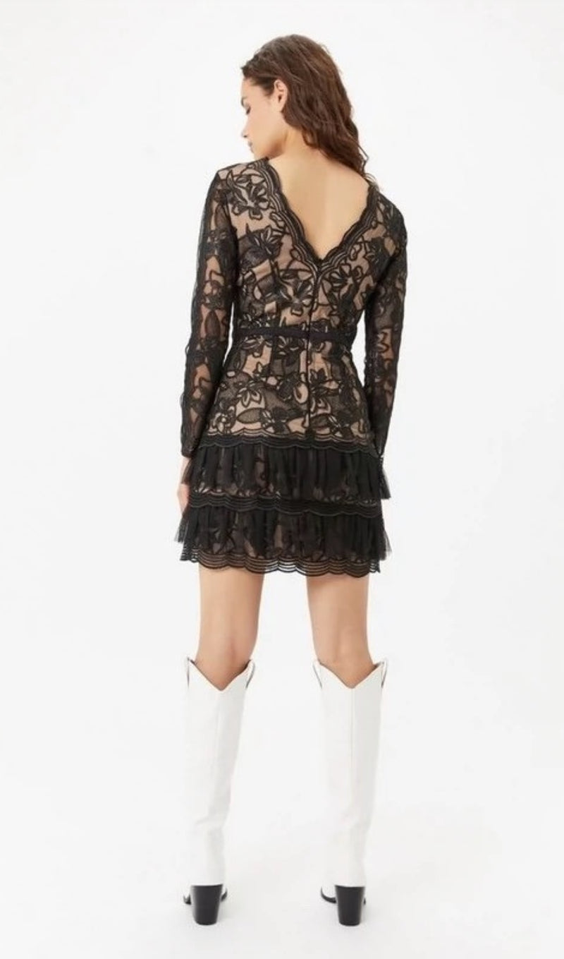 black tulle ruffle hem embroidered lace mini dress