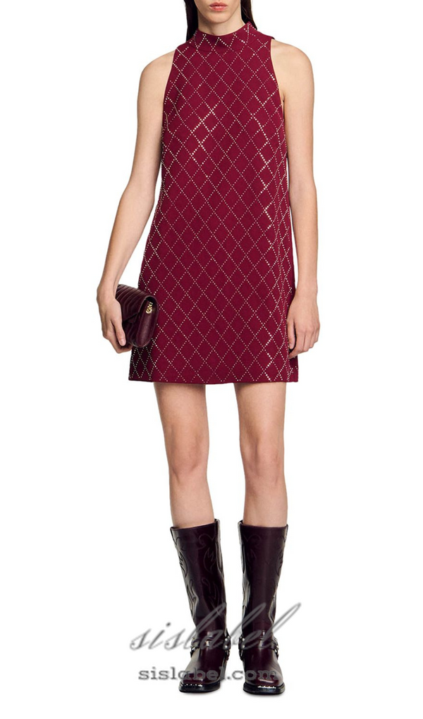 RIVA DIAMOND-SHAPED RHINESTONE PATTERN BORDEAUX MINI DRESS