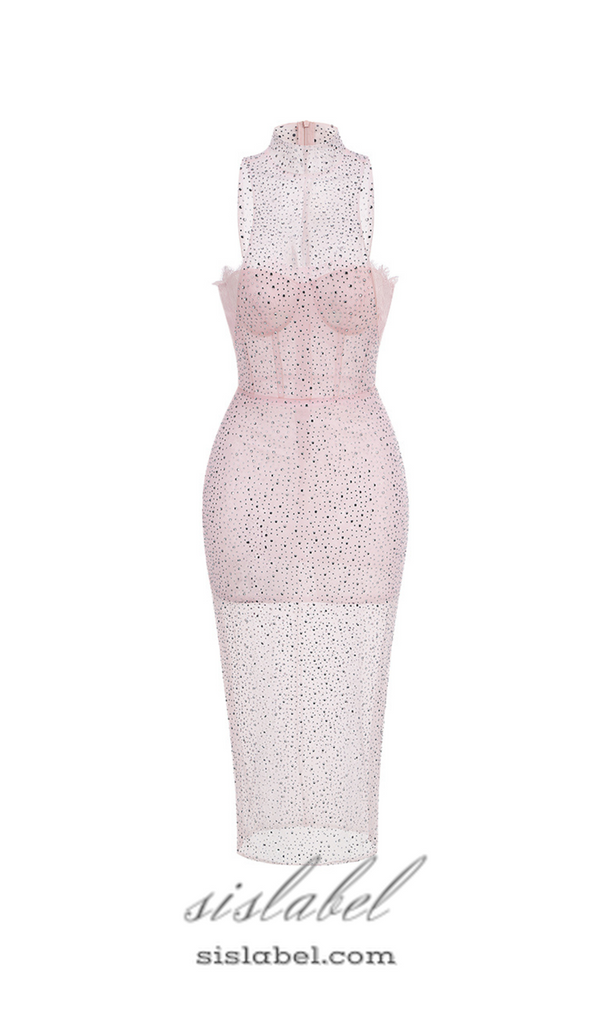 ADORA PINK BRAIDED LEATHER CRYSTAL EMBELLISHMENT MIDI DRESS