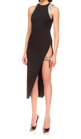 CRYSTAL SPLIT MIDI DRESS IN BLACK