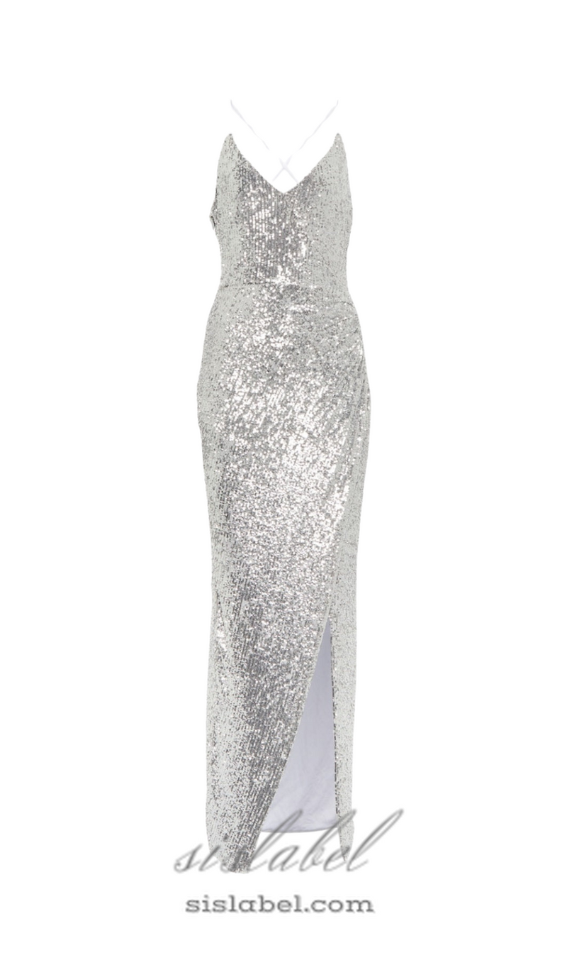 Sequin strap midi dress in silver