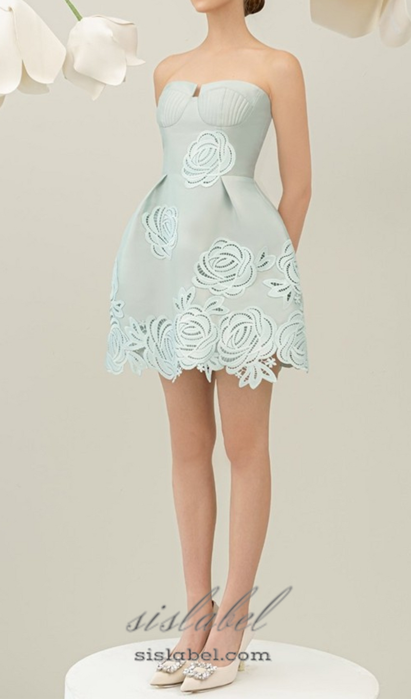 THERA FLOWER EMBELLISHED MINI DRESS IN PALE BLUE