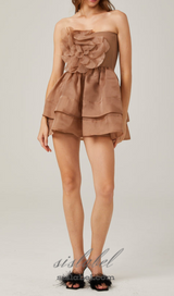 ALISA FLOWER TULLE STRAPLESS MINI DRESS IN BROWN