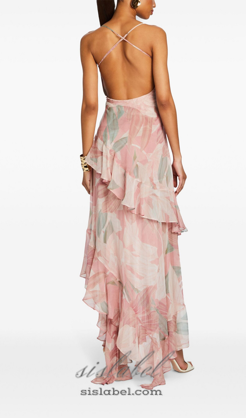 ZORA PINK FLORAL-PRINT RUFFLED SILK MIDI DRESS