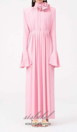 ERIN LANTERN SLEEVE HIGH COLLAR FLOWER SLIT MIDI DRESS IN PINK