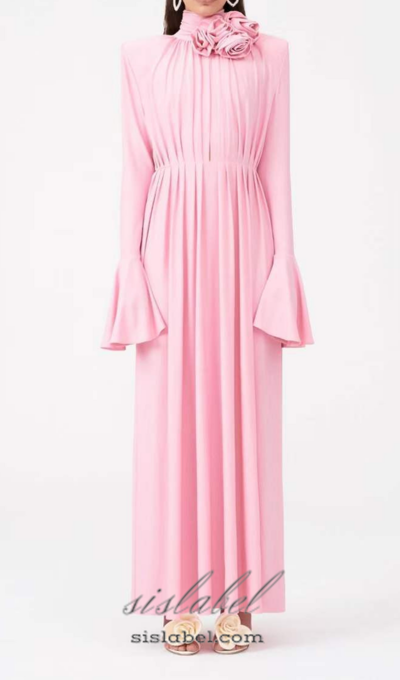 ERIN LANTERN SLEEVE HIGH COLLAR FLOWER SLIT MIDI DRESS IN PINK