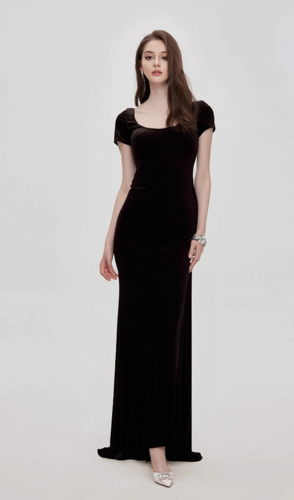 Kristin black faux-pearl embellished velvet maxi dress