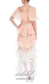 DORA PEACH MULTI OMBRE OFF-SHOULDER PLEATED ORGANZA MAXI DRESS