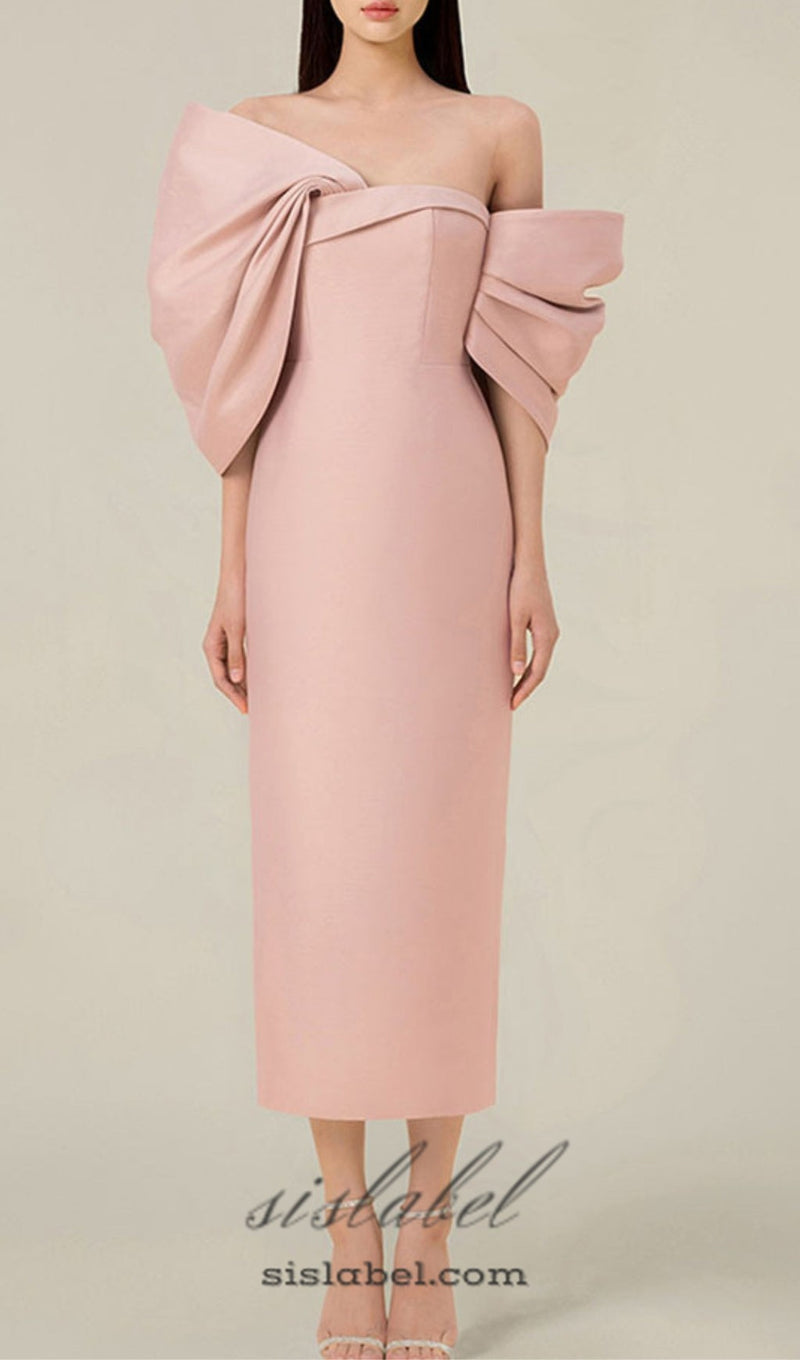 OFF SHOULDER RUCHED MIDI DRESS IN PINK