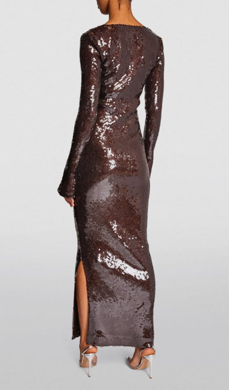 BROWN CUT OUT SEQUIN MAXI DRESS