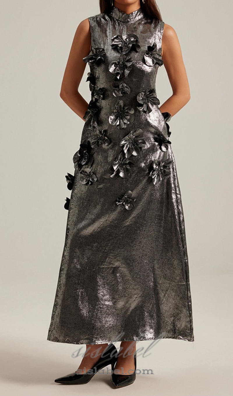 3d floral embellished maxi dress in grey