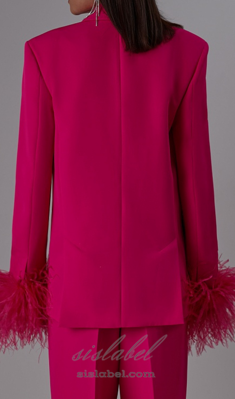 IRMA FEATHER TRIM BLAZER SUITS IN ROSE RED