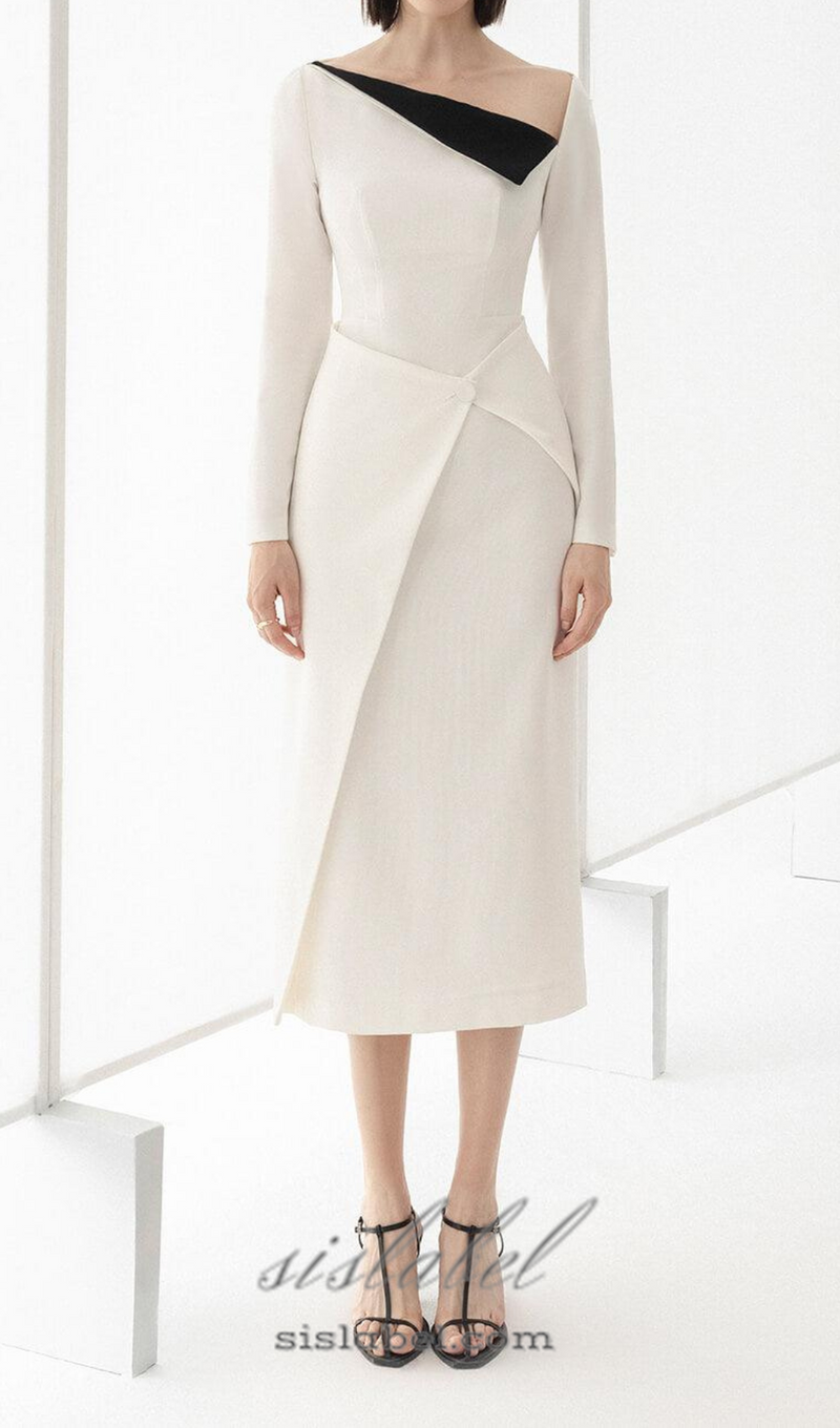 REGINA WHITE ASYMMETRIC NECK POLYCOTTON SHEATH MIDI DRESS