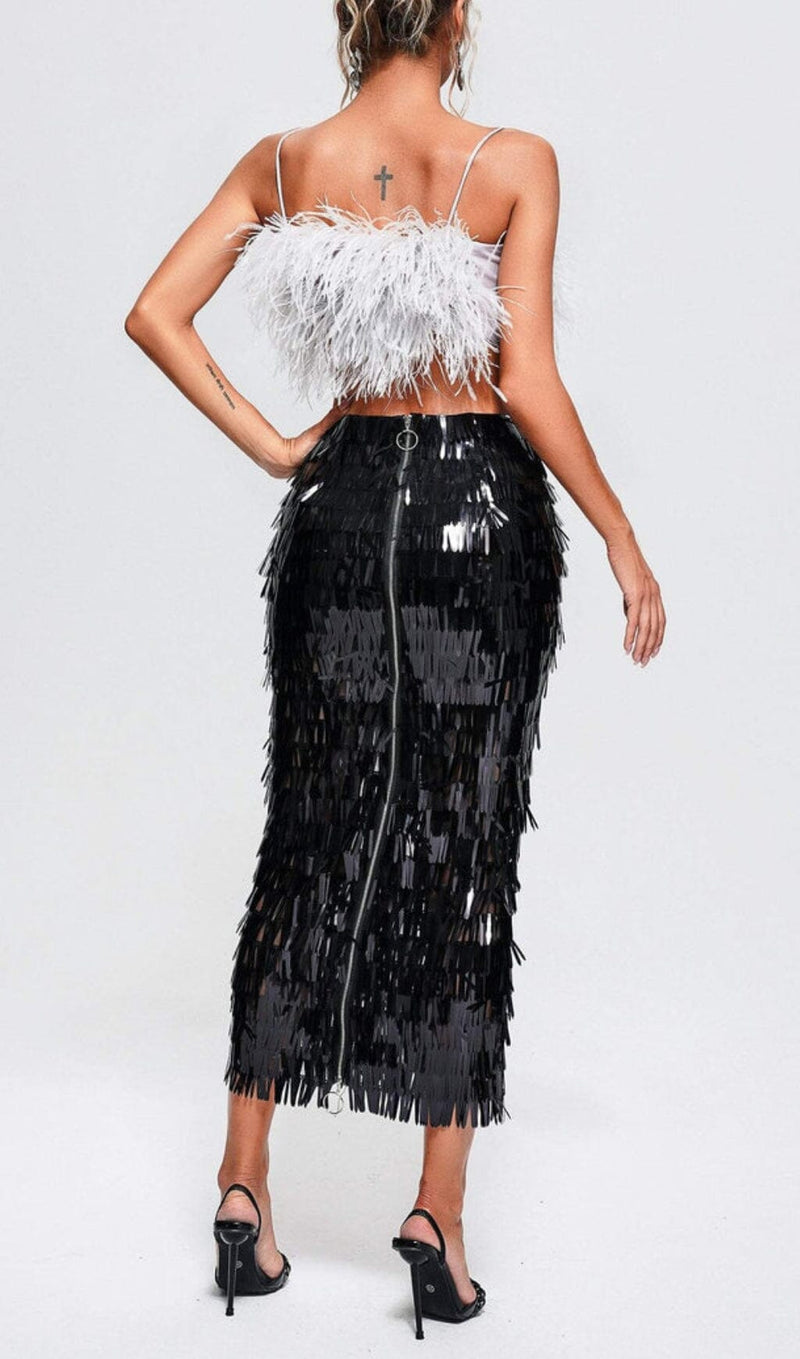 FEATHER TOP SEQUIN MIDI DRESS IN BLACK