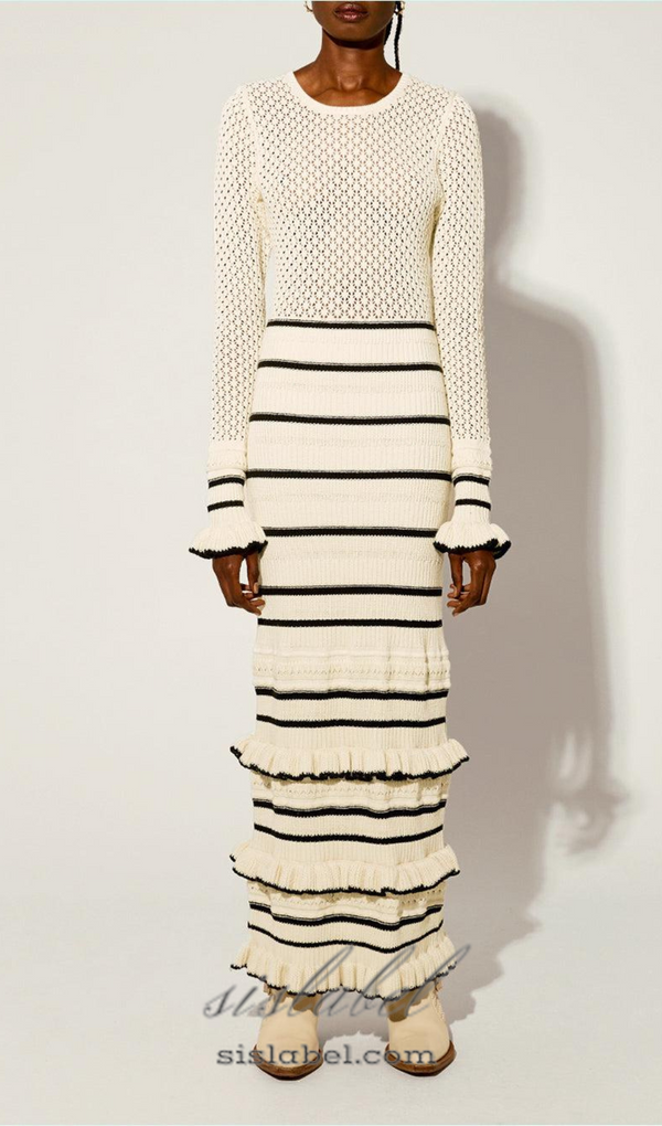 BRIDGET KNIT STRIPE FRILL MIDI DRESS IN WHITE