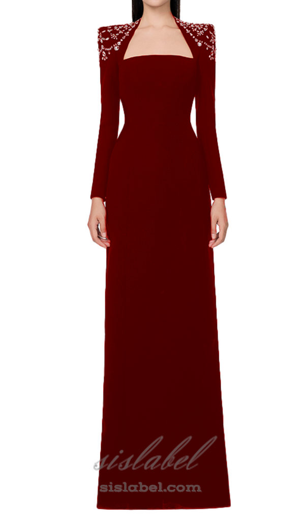 long sleeve trapezoid neckline bodycon  maxi dress in red