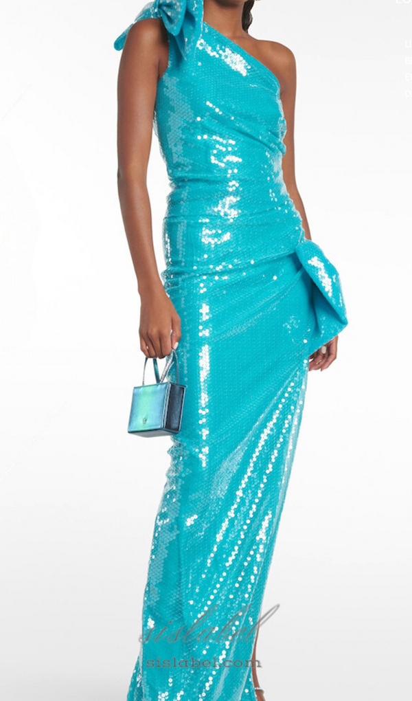 One Shoulder Bow Sequin Maxi Dress in blue