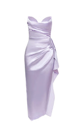 ROBE MIDI EN SATIN FRONCÉ BANDEAU LILAS