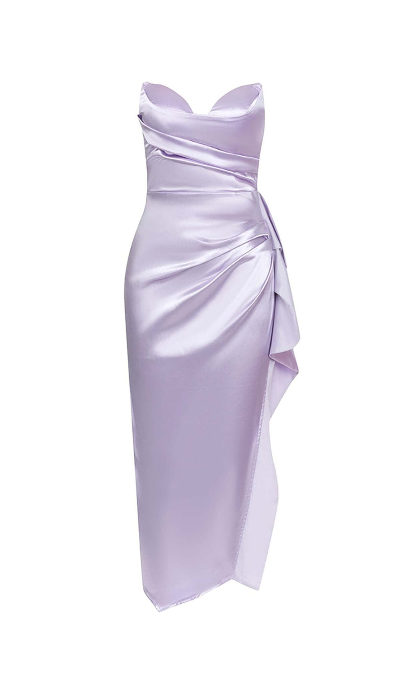 BANDEAU RUCHED SATIN MIDI DRESS IN LILAC