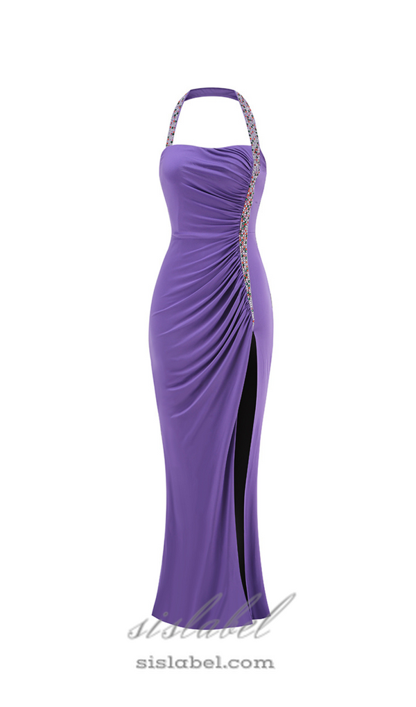 multicolor-pearl embellished purple halter maxi dress