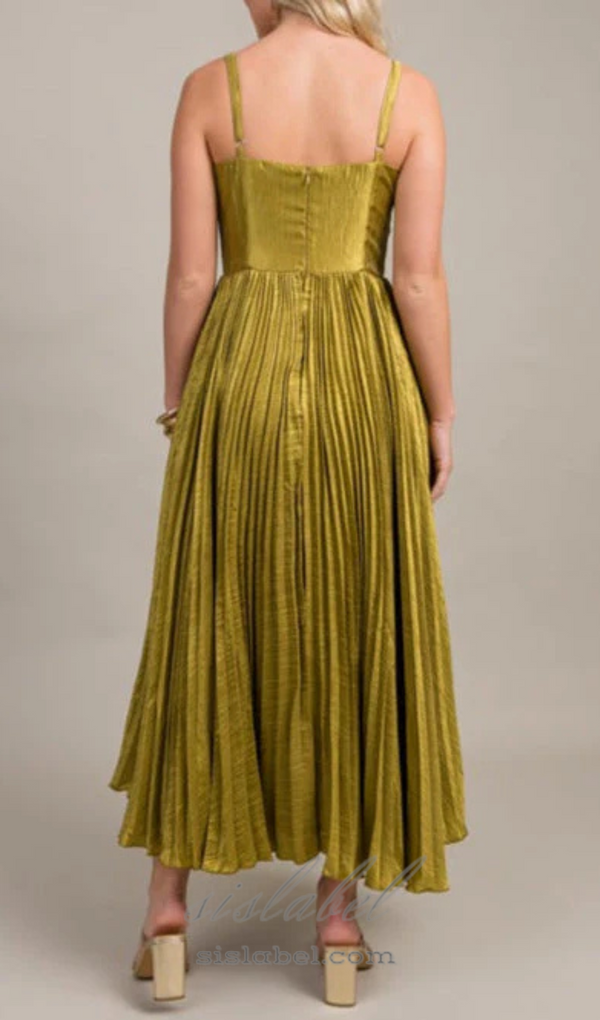 Chartreuse Satin Pleated Midi Dress