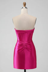 Satin Fuchsia Strapless Bodycon Homecoming Dress With Hollow