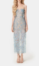 Blue Beaded Lace Pencel Dress