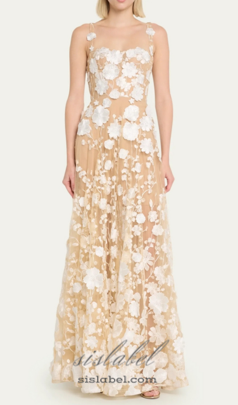 APPHIA FLORAL EMBROIDERED SLEEVELESS TULLE MAXI DRESS