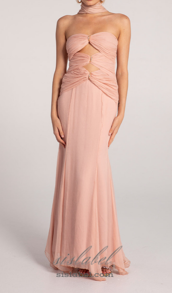 ALYSSA PINK HOLLOW BANDAGE STRAPLESS TULLE MAXI DRESS