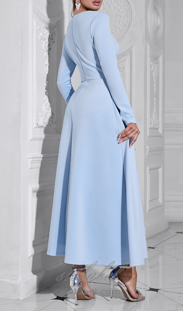 long sleeve satin a-line maxi dress in blue