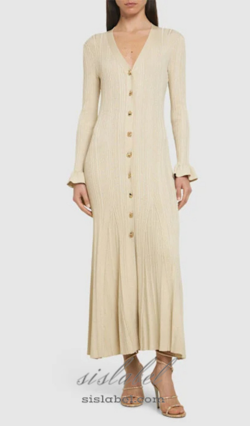 Ribbed viscose lamé midi dress in beige