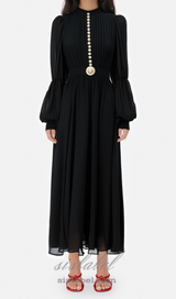 Lantern sleeve silk midi dress in black