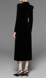 Caloria Asymmetric Notch Lapel Velvet Midi Dress