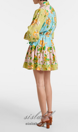 DONNA PRINTED COLORBLOCKED LINEN SHIRT DRESS