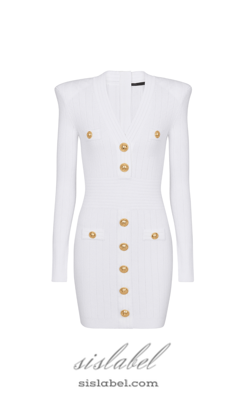 TARA WHITE SHORT KNITTED MINI DRESS WITH GOLD BUTTONS